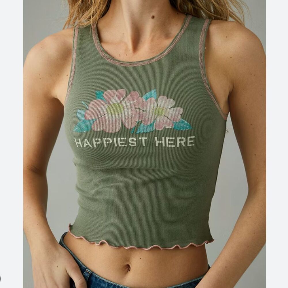 American Eagle Outfitters Green Tank Top with Floral Design